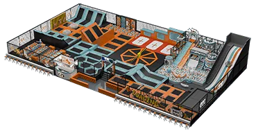 Trampoline park design layout with equipment placement and safety zones